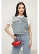 Jacheta dama de blug premium cu volane albe si nasturi cristal maxi