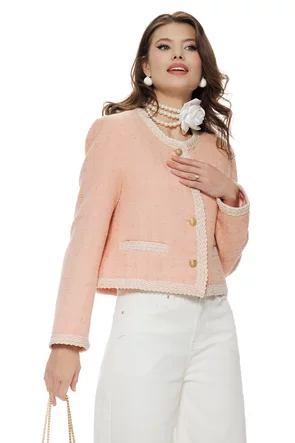 Jacheta dama din tweed premium roz cu buzunare conturuei dantelatesi nasturi metalici