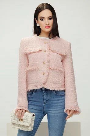 Jacheta dama din tweed premium roz  cu buzunare si nasturi metalici