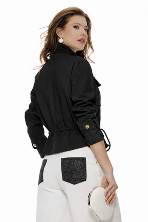 Jacheta dama neagra din piele intoarsa eco cu buzunare si snur reglabil in talie