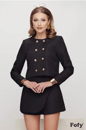 Jacheta dama neagra eleganta premium din jackard cu nasturi aurii