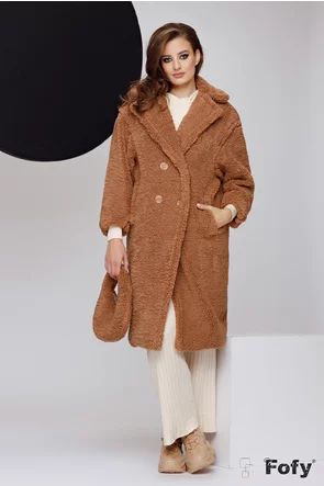 Palton dama teddy premium supersoft caramel oversize cu revere si gentuta inclusa