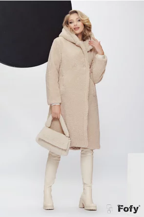 Palton dama teddy premium supersoft champagne oversize cu gluga