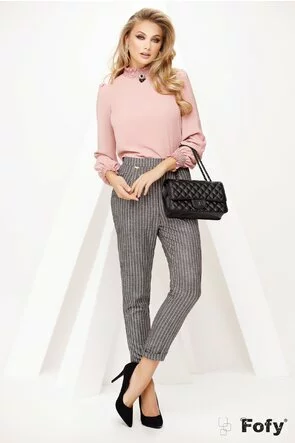 Pantalon de dama casual gri cu dungi roz