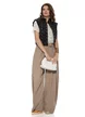 Pantalon dama bej wide cu pense ample din stofa racoroasa