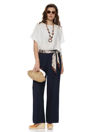 Pantalon dama bleumarin cu pense din vascoza racoroasa cu esarfa bohemian