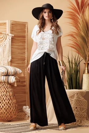 Pantalon dama de vara din matase de vascoza neagra cu buzunare laterale