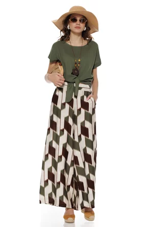 Pantalon dama de vara larg din vascoza premium olive imprimeu geometric