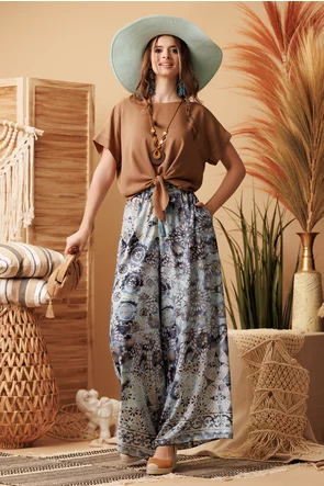 Pantalon dama din matase naturala cu imprimeu floral si ciucuri decorativi
