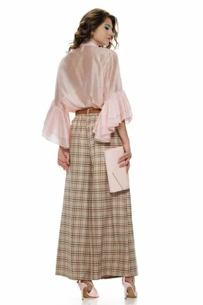 Pantalon dama elegant din stofa premium in carouri bej cu roz si curea