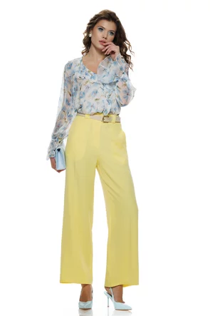Pantalon dama elegant galben wide cu buzunare si curea