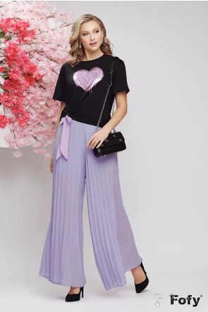 Pantalon dama larg din voal plisat lila cu elastic in talie elasti