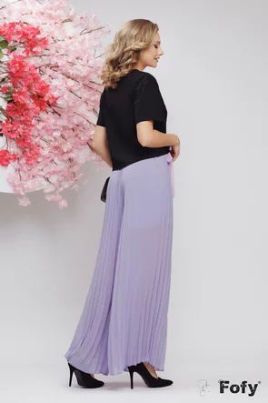 Pantalon dama larg din voal plisat lila cu elastic in talie elasti