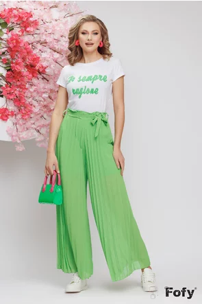 Pantalon dama larg din voal plisat verde lime cu elastic in talie elasti