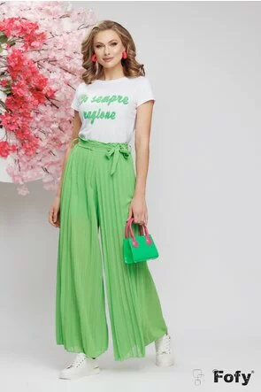 Pantalon dama larg din voal plisat verde lime cu elastic in talie elasti