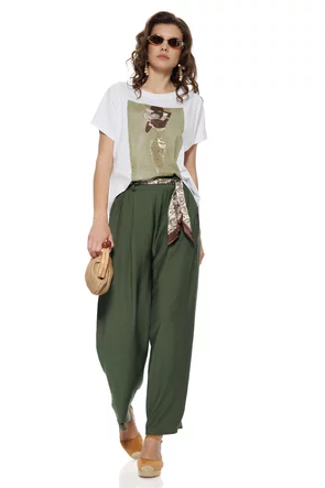 Pantalon dama olive cu pense din vascoza racoroasa cu esarfa bohemian