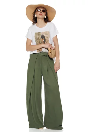 Pantalon dama olive wide cu pense ample din vascoza racoroasa