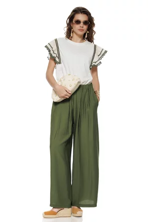 Pantalon dama olive wide cu pense din vascoza racoroasa