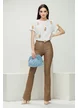 Pantalon dama piele ecologica evazat cappucinno elastic cu efect push up
