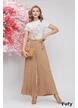 Pantaloni dama de vara plisati bej cu elastic in talie si cordon