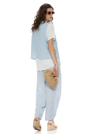 Pantaloni dama premium baby blue din in cu pense buzunare si nasturi aurii