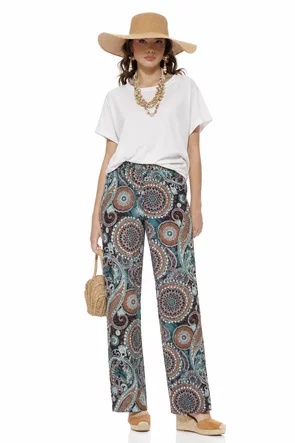 Pantaloni damă premium cu imprimeu bohemian, croi drept și talie lejeră
