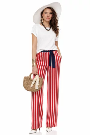 Pantaloni dama premium din satin, rosii cu dungi albe