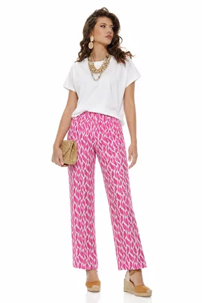 Pantaloni damă premium  fucsia cu imprimeu abstract și croi drept