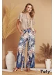 Pantaloni de vara din saten supersoft imprimeu palmieri bleumarin cu bej