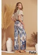 Pantaloni de vara din saten supersoft imprimeu palmieri bleumarin cu bej