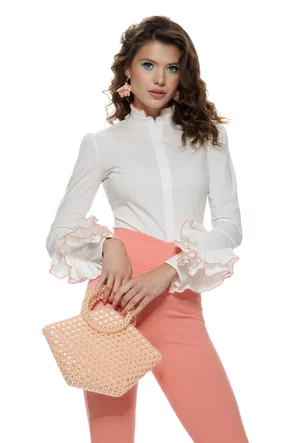 Pantaloni Fofy roz  evazati cu talie inalta parte peste parte material elastic