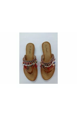 Papuci de dama boho de vară camel cu mărgele banuți si ciucuri