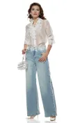 Blugi dama wide premium albastru deschis elastici cu broderie margele cristale si perle picture - 1