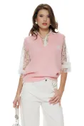 Blugi dama wide premium cloud dancer 2026 elastic cu buzunare roz cu strassuri picture - 5