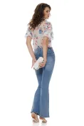 Bluza dama Fofy diafana premium din voal imprimeu floral rosu cu albastru si jabou elaborat picture - 3