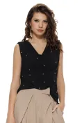 Bluza dama eleganta neagra din vascoza premium elastica cu perle argintii picture - 1