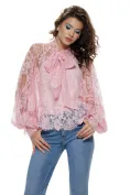 Bluza dama eleganta roz din dantela premium de bumbac cu mansete late esarfa si terminatii ondulate picture - 1