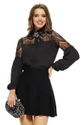 Bluza dama Fofy eleganta neagra din voal si dantela premium si brosa cu strasuri detasabila picture - 1