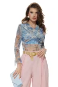 Body dama elegant din tul albastru cu imprimeu floral cu fronseuri spectaculoase picture - 1