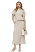 Compleu dama din bumbac premium bej fusta si bluza picture - 1