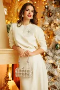Compleu dama elegant crem premium gros fusta si pulover cu cristale si floare decorativa picture - 2