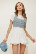 Crop top dama din tweed bleu accesorizat cu detalii metalice si perle picture - 1