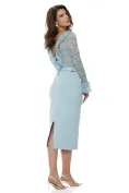 Fusta conica midi din tricot premium bleu cu crapatura si curea picture - 5