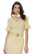 Fusta conica midi din tricot premium galben pai cu crapatura si curea picture - 3