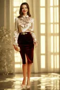 Fusta eleganta din catifea bordo Fofy cu talie inalta pliuri si accesoriu din cristale picture - 1