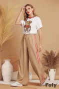 Pantalon dama de din in premium supersoft bej cu dungi laterale rosii picture - 1
