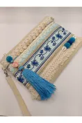 Plic boho premium cu dantela broderie , banuti aurii, scoici naturale ciucure maxi albastru picture - 1