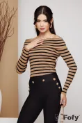 Pulover dama elegant bej cu dungi negre intors pe umeri  picture - 4