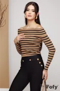 Pulover dama elegant bej cu dungi negre intors pe umeri  picture - 1