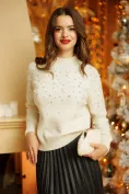 Pulover dama elegant crem cu aplicatii de perle si strasuri picture - 1